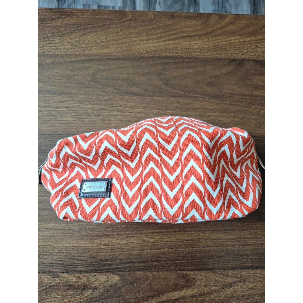 Ame & Lulu Cosmetic Makeup Bag Travel Pouch Canvas Orange White Geometric Zipper